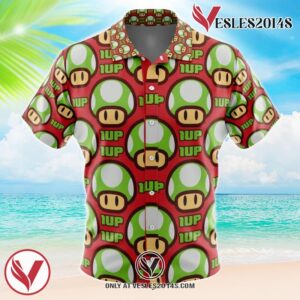 1Up Mushroom Mario Bros Hawaiian Button Up Shirt, Perfect Gifts For Anime Lovers - Vesles2014S