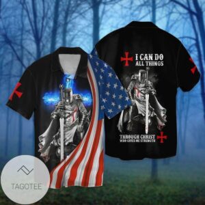 4th Of July American Flag Knight Templar I Can Do All Things Through Christ Who Gives Me Strength Graphic Print Short Sleeve Hawaiian Casual Shirt Vesles2014S