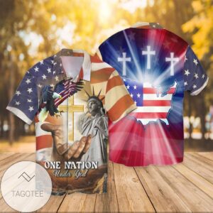 4th Of July Independence Day American Flag Jesus One Mation Under God Eagle Graphic Print Short Sleeve Hawaiian Casual Shirt Vesles2014S