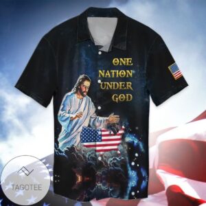 4th Of July Independence Day American Jesus One Nation Under God Graphic Print Short Sleeve Hawaiian Casual Shirt Vesles2014S