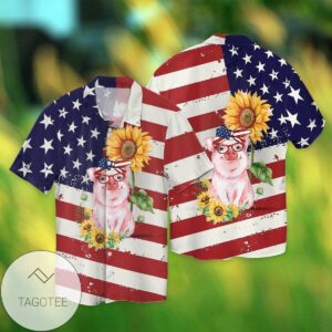4th Of July Independence Day American Love Pig With Sunflower Graphic Print Short Sleeve Hawaiian Casual Shirt Vesles2014S
