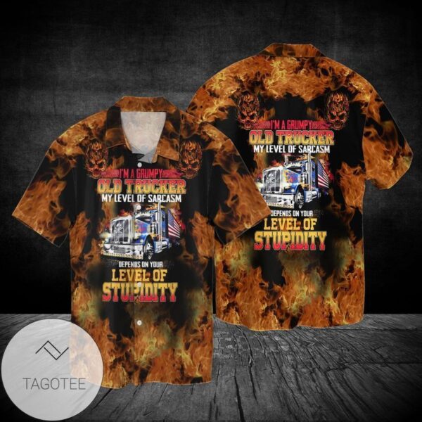4th Of July Independence Day Firefighter I Am A Grumpy Old Trucker My Level Of Sarcasm Graphic Print Short Sleeve Hawaiian Casual Shirt Vesles2014S