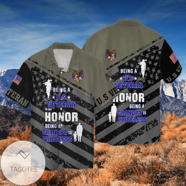 4th Of July Independence Day Memorial Being A Veteran Is An Honor Being A Grandpa Is Priceless Graphic Print Short Sleeve Hawaiian Casual Shirt Vesles2014S