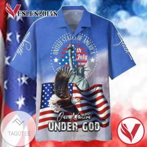 4th Of July One Nation Under God Hawaiian Graphic Print Short Sleeve Hawaiian Casual Shirt Vesles2014S