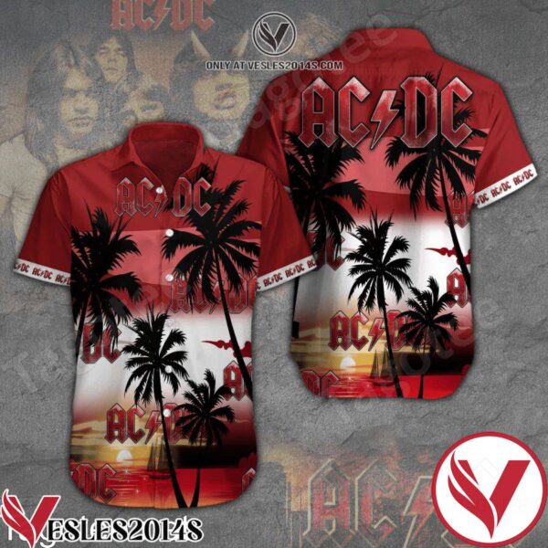 ACDC Rock Band Sunset Palm Tree Red Hawaiian Shirt And Short, Unique Gifts For Friends - Vesles2014S 1