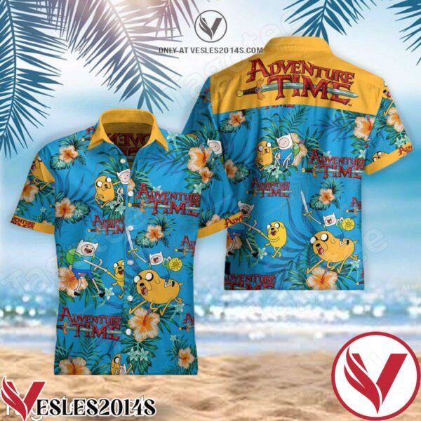 Adventure Time Orange Hibiscus Palm Leaf Blue Hawaiian Shirt, Unique Gifts For Friends - Vesles2014S 1