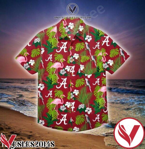Alabama Crimson Tide Flamingo Green Leaves Red Hawaiian Shirt, Unique Gifts For Friends - Vesles2014S 1