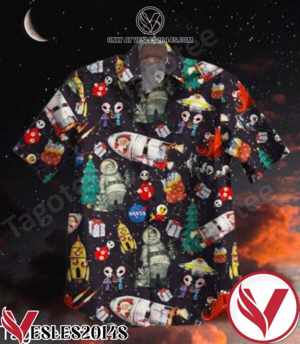 Alien Family Santa Claus On Rocket Christmas Hawaiian Shirt, Unique Gifts For Friends - Vesles2014S 1