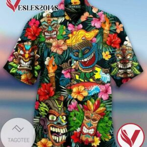 Aloha Tiki Tiki Awesome Graphic Print Short Sleeve Hawaiian Casual Shirt Vesles2014S
