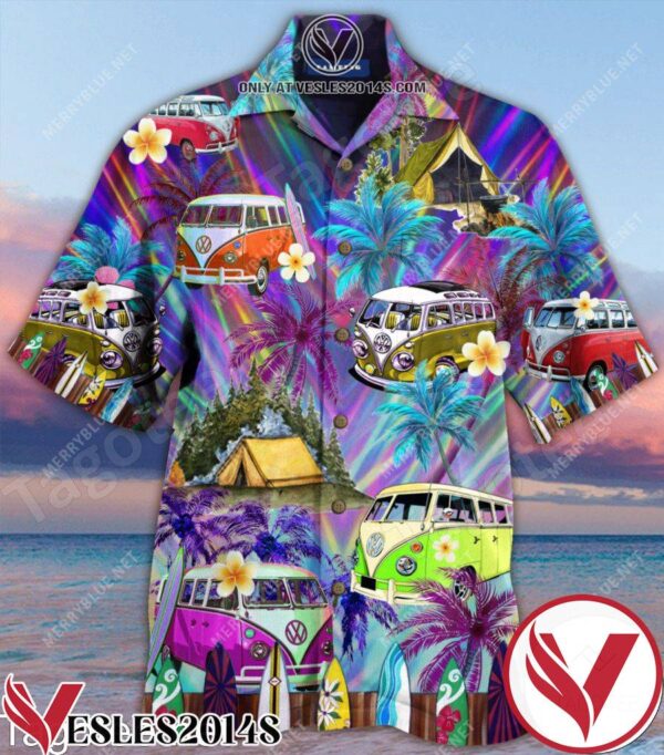 Amazing Camping With Colorful Volkswagen Bus And Palm Tree Hawaiian Shirt, Unique Gifts For Friends - Vesles2014S 1