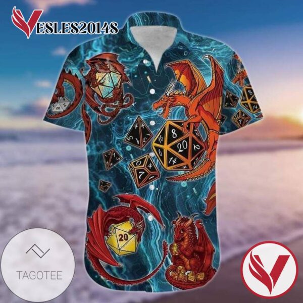 Amazing Lucky Dragon Playing Dice Blue Hawaiian Graphic Print Short Sleeve Hawaiian Casual Shirt Vesles2014S