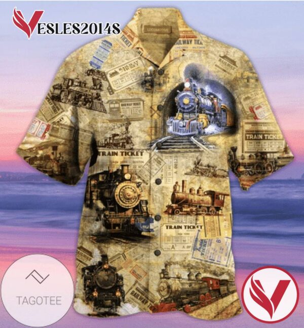 Amazing Train Locomotive Graphic Print Short Sleeve Hawaiian Casual Shirt Vesles2014S 1