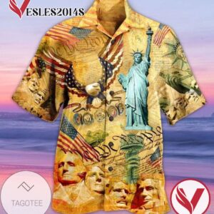 American Flag Eagle And Statue of Liberty Hawaiian Graphic Print Short Sleeve Hawaiian Casual Shirt Vesles2014S 1