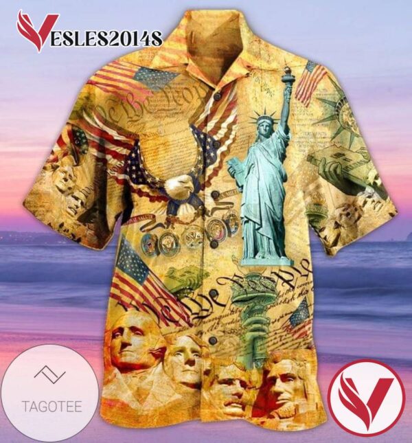 American Flag Eagle And Statue of Liberty Hawaiian Graphic Print Short Sleeve Hawaiian Casual Shirt Vesles2014S 1