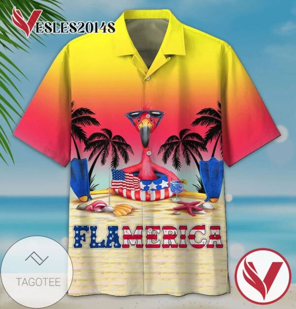 American Flag Flamingo Flamerica 1 Hawaiian Graphic Print Short Sleeve Hawaiian Casual Shirt Vesles2014S 1