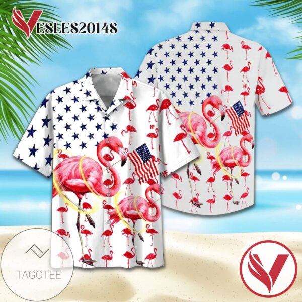 American Flag Flamingo Hawaiian Graphic Print Short Sleeve Hawaiian Casual Shirt Vesles2014S 1