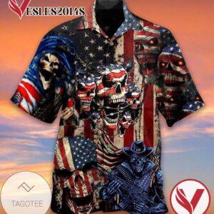 American Flag Skeleton Print Short Sleeve Hawaiian Casual Shirt Vesles2014S