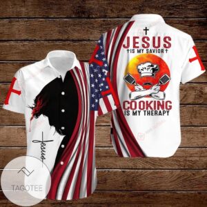 American Flags Cross 4th Of July Independence Day Jesus Is My Savior Cooking Is My Therapy Graphic Print Short Sleeve Hawaiian Casual Shirt Vesles2014S 1