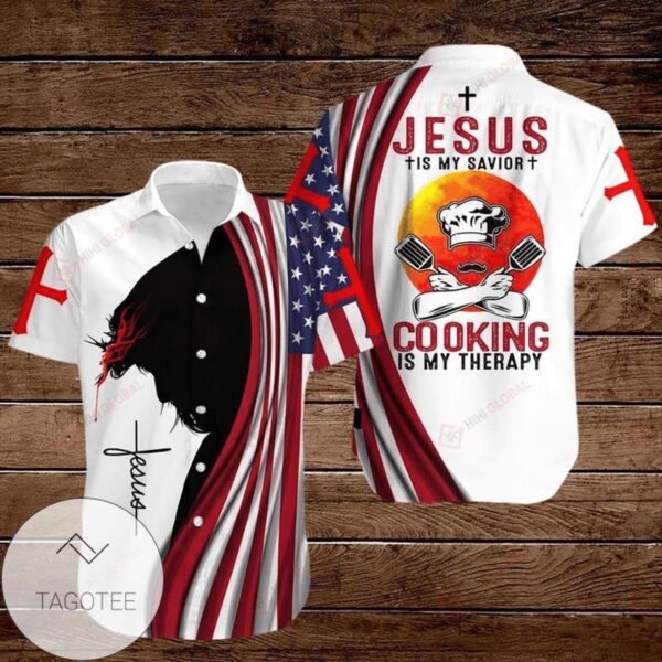 American Flags Cross 4th Of July Independence Day Jesus Is My Savior Cooking Is My Therapy Graphic Print Short Sleeve Hawaiian Casual Shirt Vesles2014S