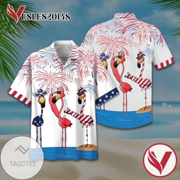 American Flamingoes Print Short Sleeve Hawaiian Casual Shirt Vesles2014S 1