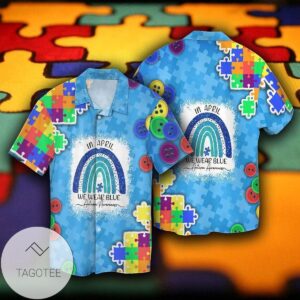 Autism Awareness In April We Wear Blue For Men And Women Graphic Print Short Sleeve Hawaiian Casual Shirt Vesles2014S
