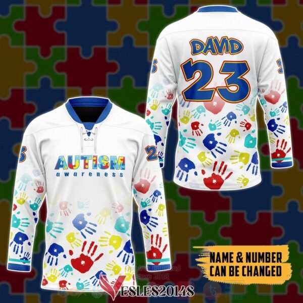 Autism Awareness White Personalized Hockey Jersey, Trending Gifts For Fans - Vesles2014s 3