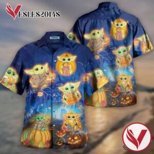 BY Baby Yoda With Pumpkins Halloween Casual Beach Full Printing Hawaiian Shirt Vesles2014S