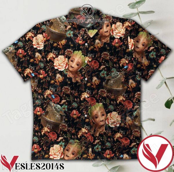 Baby Groot And Baby Yoda Flower Black Hawaiian Shirt, Unique Gifts For Friends - Vesles2014S 1