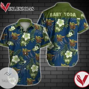 Baby Yoda Green Mandalorian Tropical Flowers Hawaiian Graphic Print Short Sleeve Hawaiian Casual Shirt Vesles2014S 1