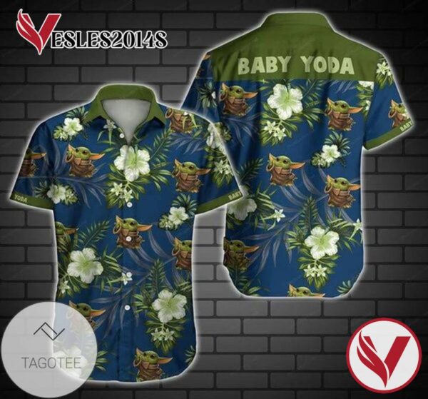 Baby Yoda Green Mandalorian Tropical Flowers Hawaiian Graphic Print Short Sleeve Hawaiian Casual Shirt Vesles2014S