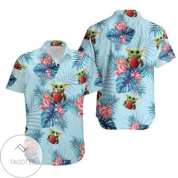 Baby Yoda Hugging Apples Seamless Tropical Colorful Flowers Blue Leaves On Blue Hawaiian Shirt Graphic Print Short Sleeve Hawaiian Casual Shirt Vesles2014S 1