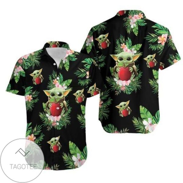 Baby Yoda Hugging Apples Seamless Tropical Green Leaves On Black Graphic Print Short Sleeve Hawaiian Casual Shirt Vesles2014S 1