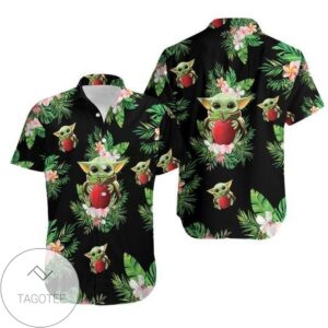 Baby Yoda Hugging Apples Seamless Tropical Green Leaves On Black Graphic Print Short Sleeve Hawaiian Casual Shirt Vesles2014S