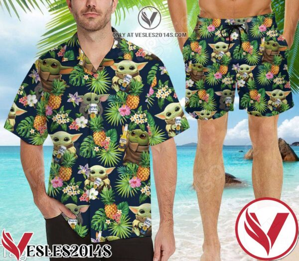 Baby Yoda Star Wars Corona Beer Flowery Navy Hawaiian Shirt And Short, Unique Gifts For Friends - Vesles2014S 1