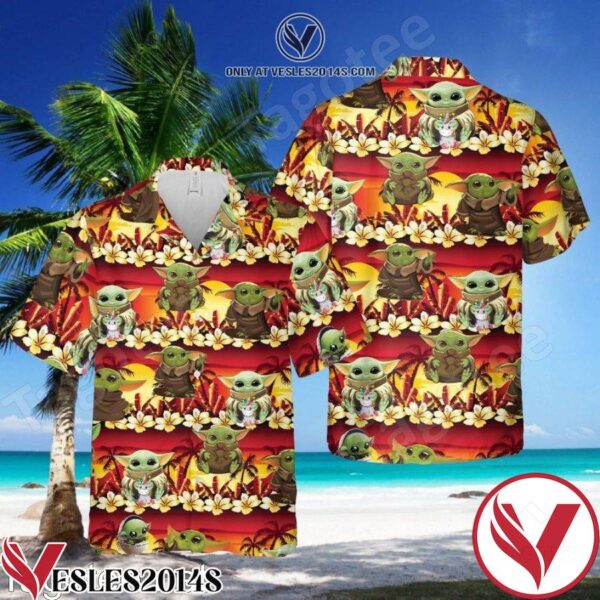 Baby Yoda Star Wars Sunset Palm Tree Hawaiian Shirt And Short, Unique Gifts For Friends - Vesles2014S 1