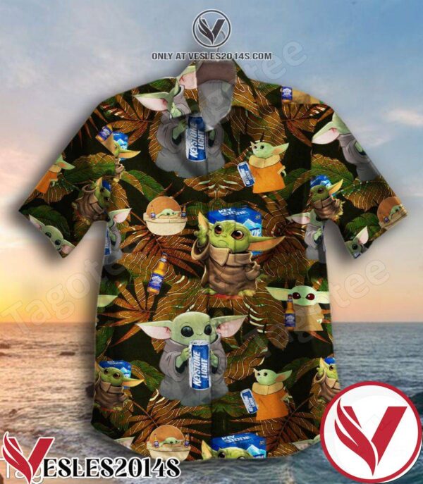 Baby Yoda With Keystone Light Brown Leaves Hawaiian Shirt, Unique Gifts For Friends - Vesles2014S 1