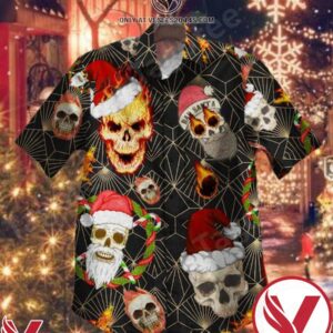 Bad Santa Skull Fire Christmas Black Hawaiian Shirt, Unique Gifts For Friends - Vesles2014S 1