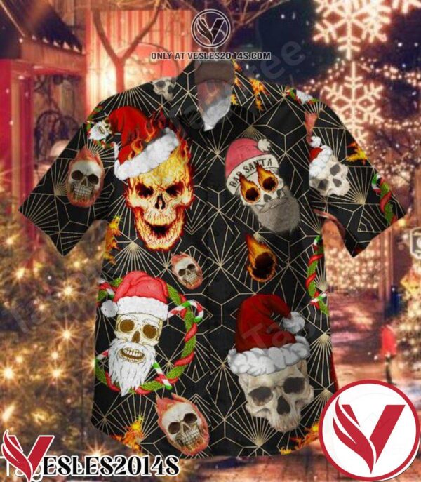 Bad Santa Skull Fire Christmas Black Hawaiian Shirt, Unique Gifts For Friends - Vesles2014S 1
