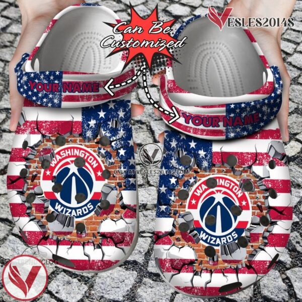 Basketball Personalized WWizards American Flag Breaking Wall Clog Shoes, Unique Gift From  Vesles2014S