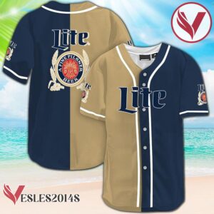 Beige And Navi Split Miller Lite Baseball Jersey, Perfect Gifts For Fans - Vesles2014S