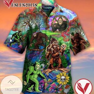 Bigfoot In The Forest Print Short Sleeve Hawaiian Casual Shirt Vesles2014S 1