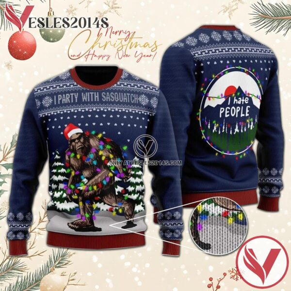Bigfoot Santa Christmas Tree Lights Hate People Ugly Sweater, Unique Winter Outfits For Fans - Vesles2014S  1