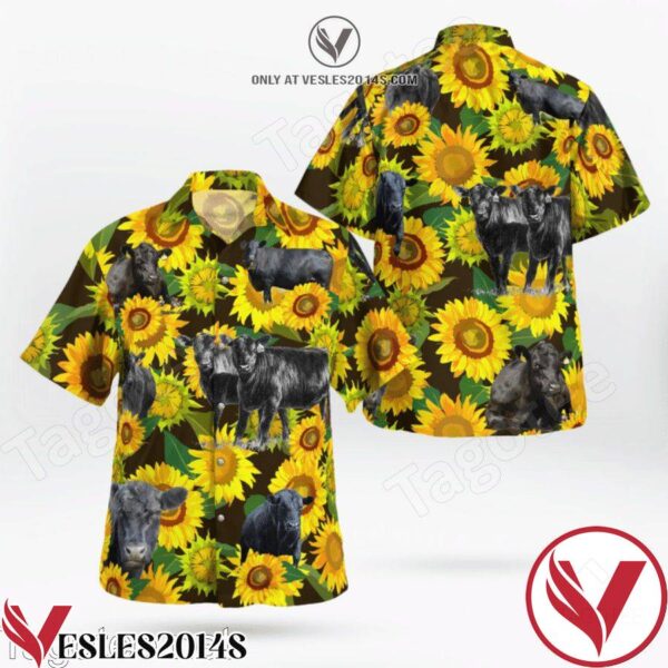 Black Angus Cattle Lovers Sunflower Hawaiian Shirt And Short, Unique Gifts For Friends - Vesles2014S 1