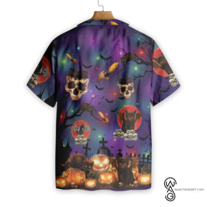 Black Cat And Skulls Halloween Full Printing Hawaiian Shirt Funny Hawaiian Beach Gift Casual Shirt Vesles2014S