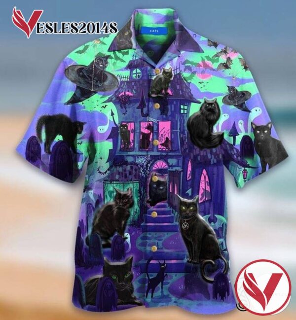 Black Cats In A Haunted House Halloween Casual Beach Full Printing Hawaiian Shirt Vesles2014S 1