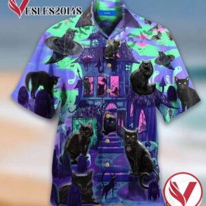 Black Cats In A Haunted House Halloween Casual Beach Full Printing Hawaiian Shirt Vesles2014S