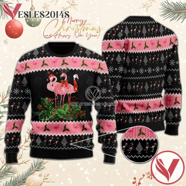 Black Pink Flamingo Jingle Bell In Area Ugly Sweater, Unique Winter Outfits For Fans - Vesles2014S  1
