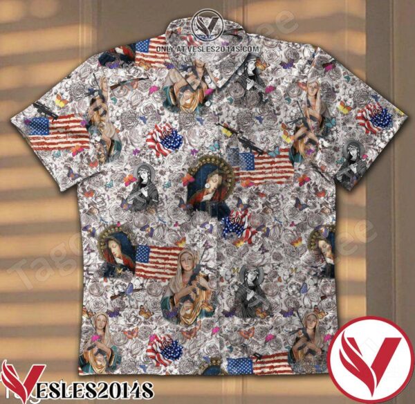 Blessed Mother With Gun And American Flag Veteran Hawaiian Shirt, Unique Gifts For Friends - Vesles2014S 1