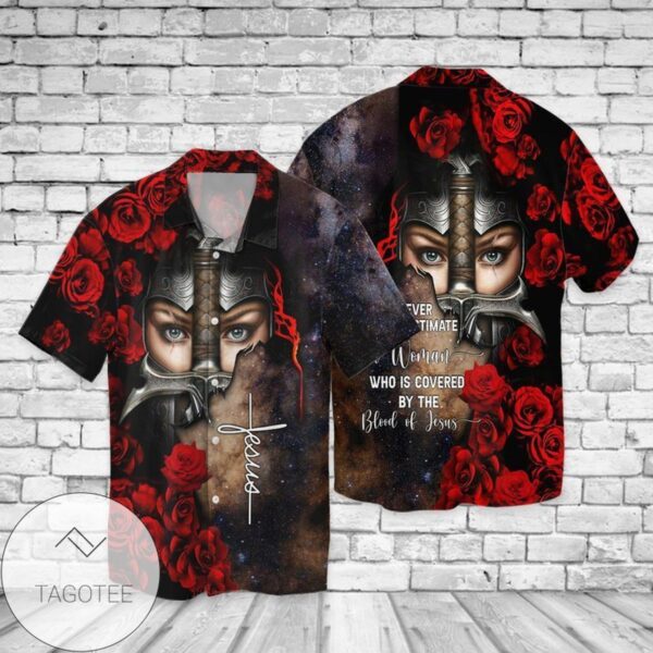 Blood Of Jesus Never Underestimate Women Who Is Covered By The Blood Of Jesus Graphic Print Short Sleeve Hawaiian Casual Shirt Vesles2014S 1