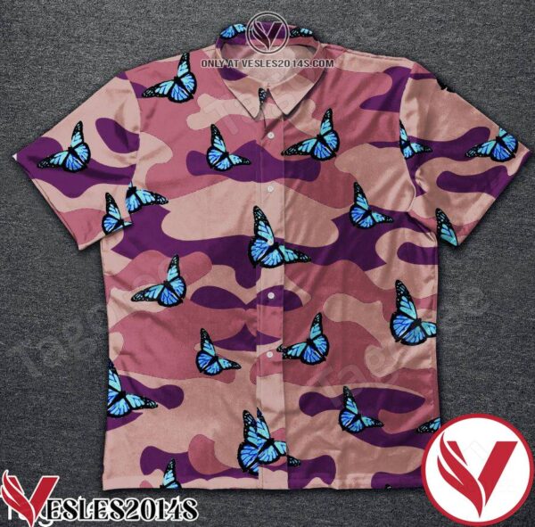 Blue Butterfly Pink Camo Hawaiian Shirt, Unique Gifts For Friends - Vesles2014S 1